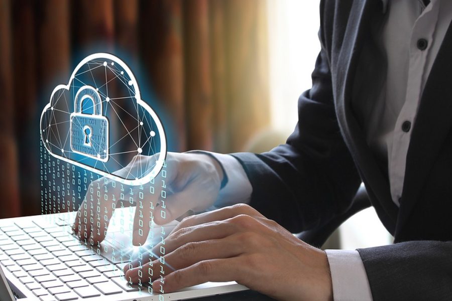 Businessman use Laptop with interface of padlock and cloud computing technology, Cyber Security Data Protection Business Technology Privacy concept, Internet Concept of global business.